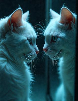 The primary subject of the image is a white cat with long whiskers, looking at its reflection in a mirror. The cat is positioned in the foreground, and the mirror is located in the background. The visual style of the image is a photo, capturing the cat's unique features and the reflections in the mirror. The colors and mood of the image are predominantly white, giving it a calm and serene atmosphere.